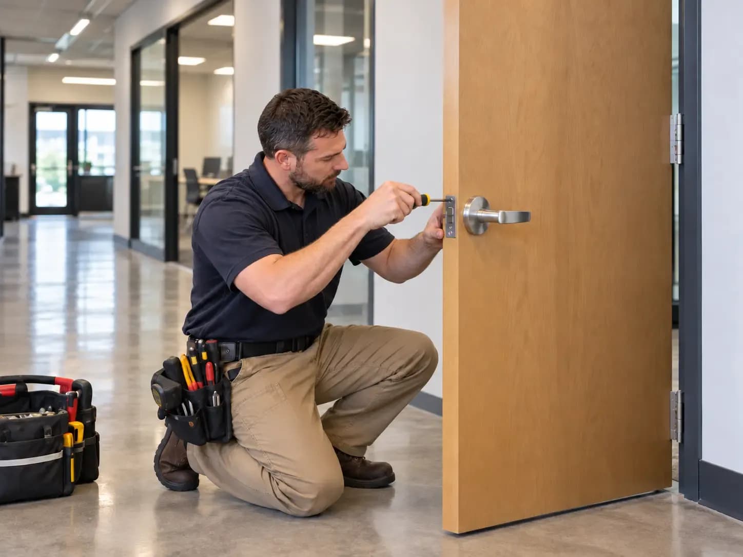 Commercial locksmith installing and adjusting a door lever lock at a business facility, providing professional commercial lock installation and repair services in Rochester, NY.