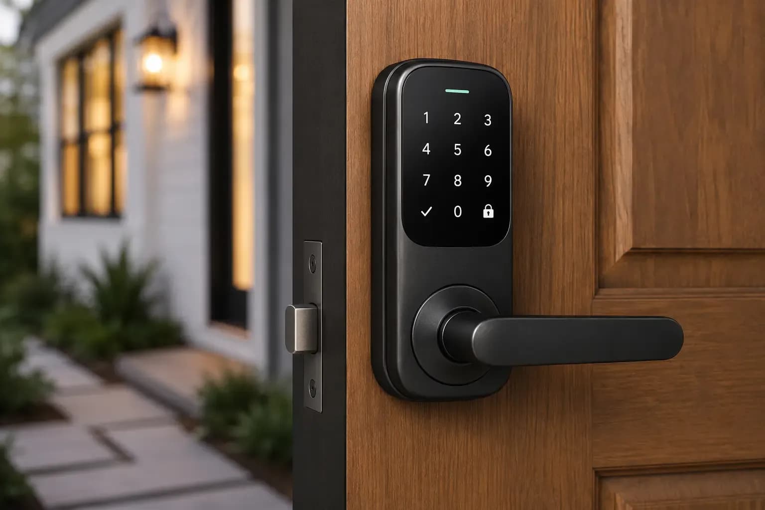 Smart door lock installed on a front door, available at Weiders Hardware
