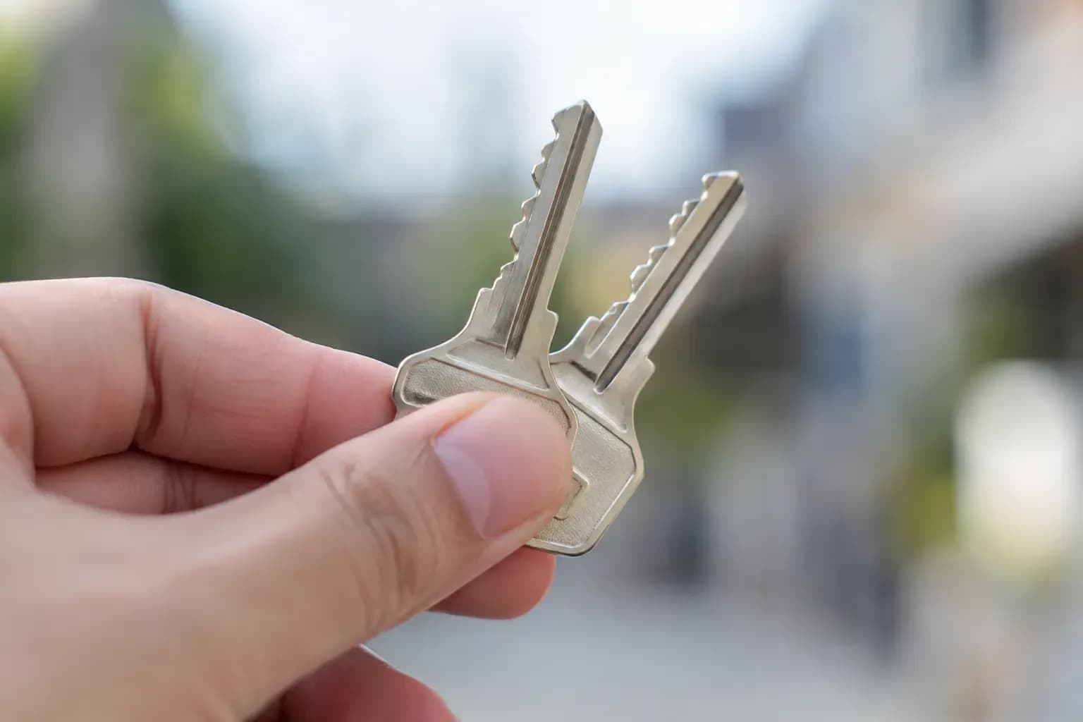 Hand holding two identical house keys, highlighting professional key copying and duplication services at Weiders Hardware in Rochester, NY.
