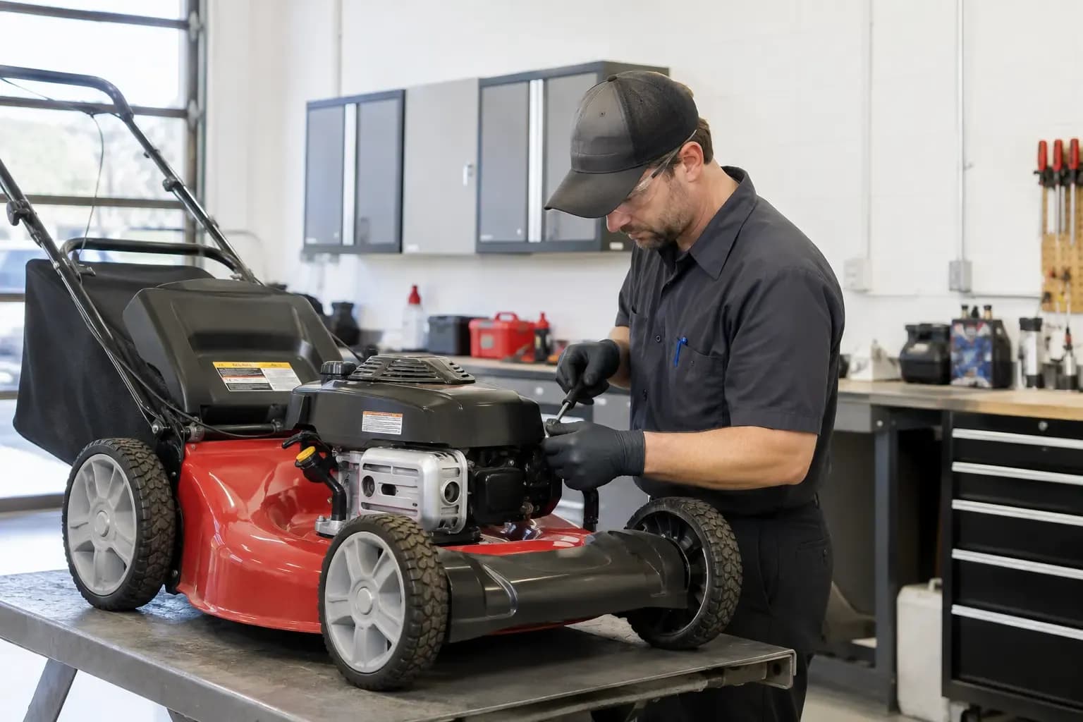 Weider's Hardware technician servicing a lawn mower in the repair shop