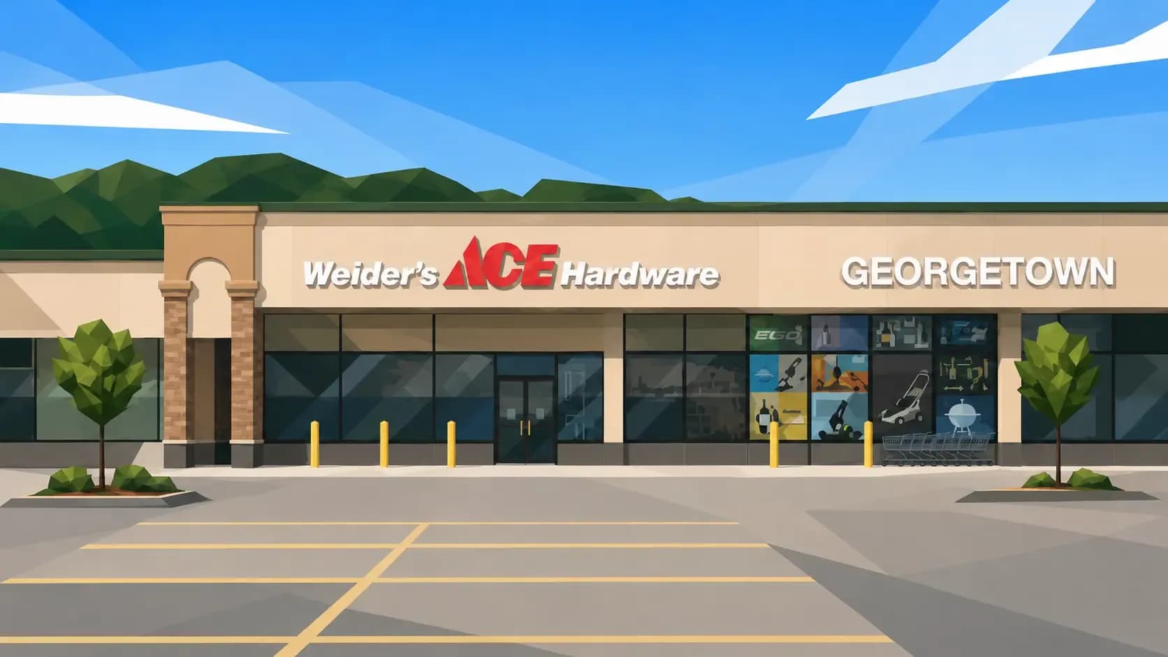 Geometric illustration of WIllustrated storefront artwork of Weiders Hardware's Fairport/Perinton, NY locationeider’s Ace Hardware in Fairport/Perinton, showing the storefront, shopping carts, display windows, trees, and an empty parking lot.