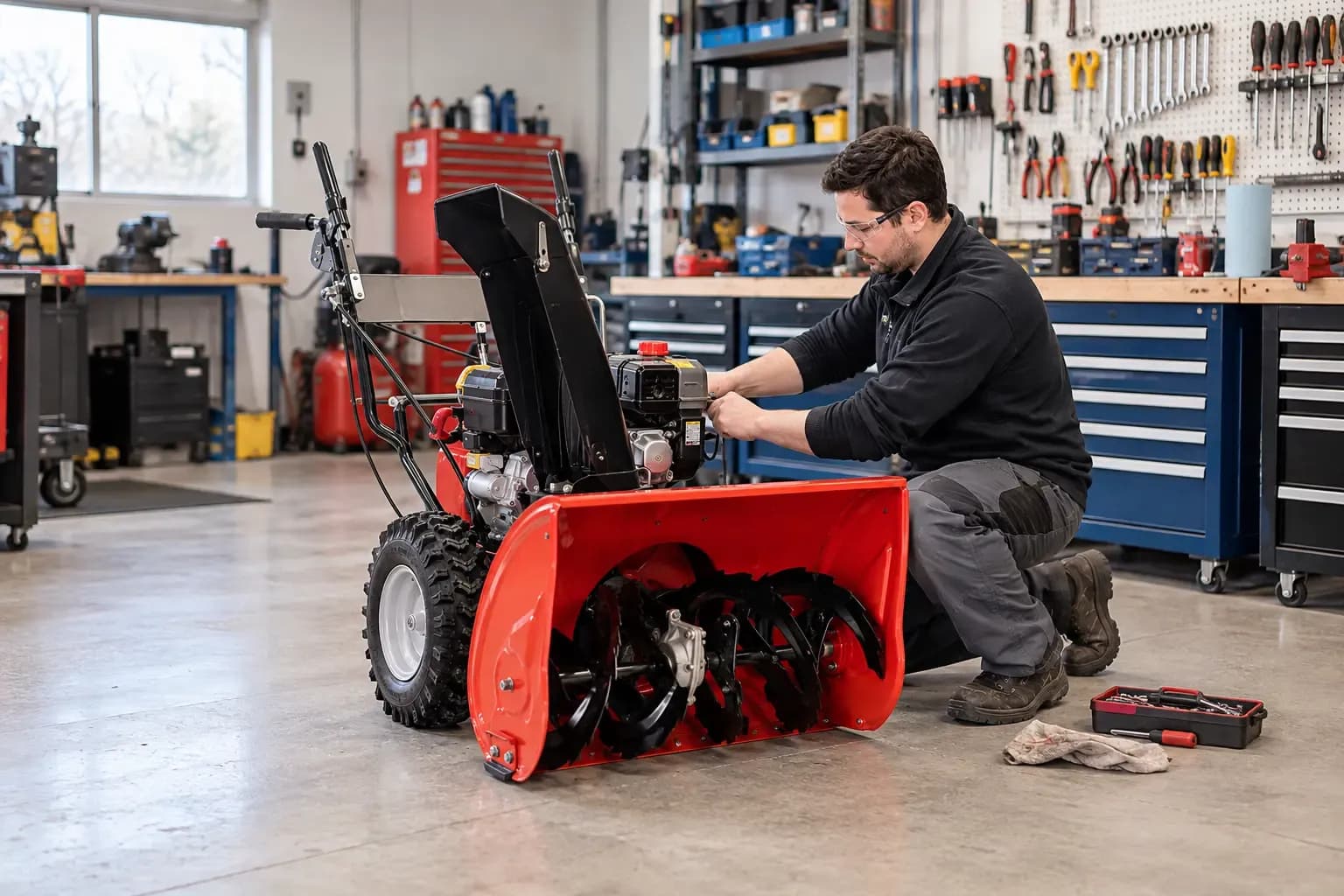 Weider's Hardware technician servicing a snow blower in the repair shop