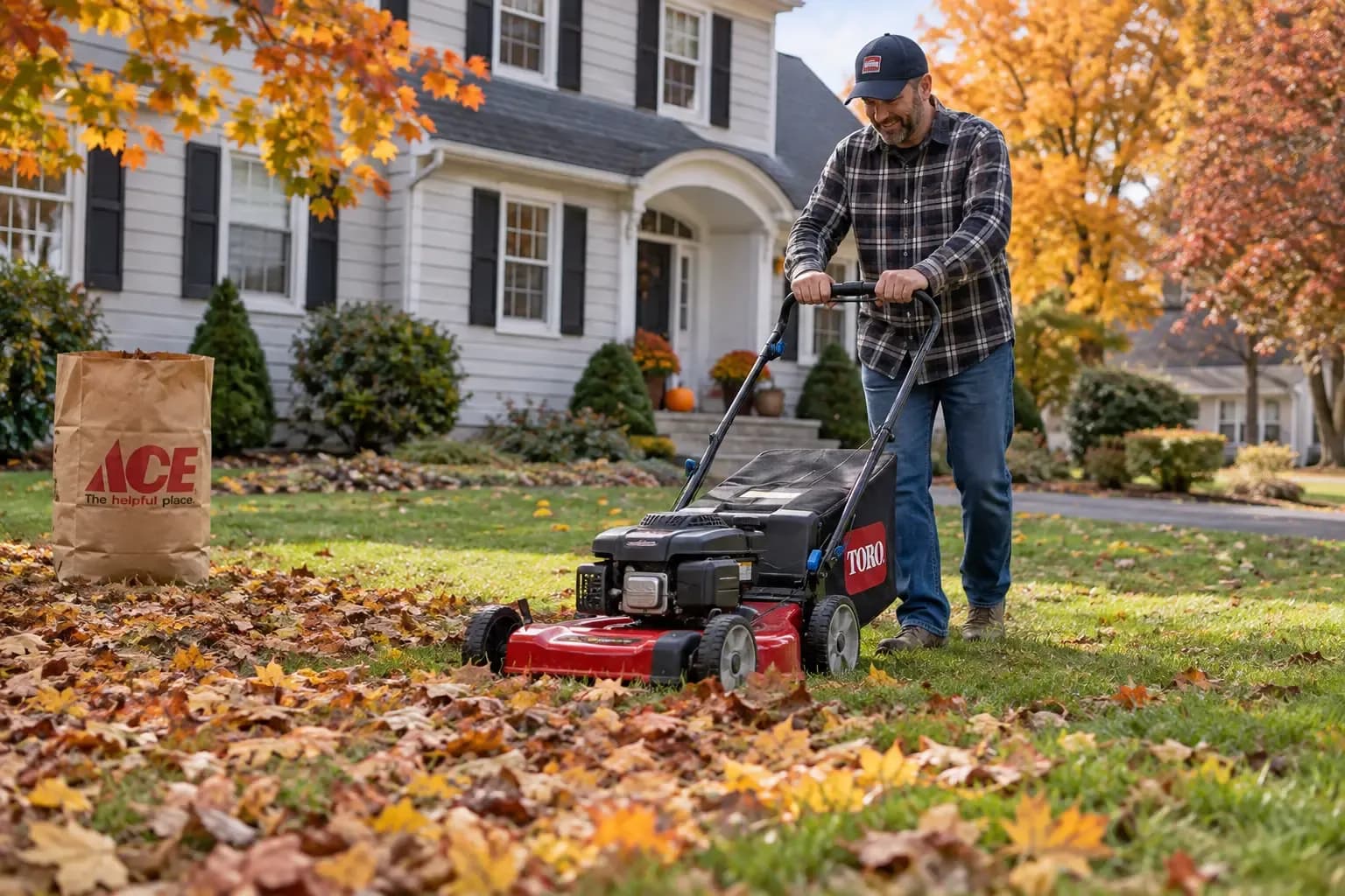 Man mulching fall leaves with a lawn mower next to an Ace Hardware paper lawn and leaf bag in a Rochester-area yard