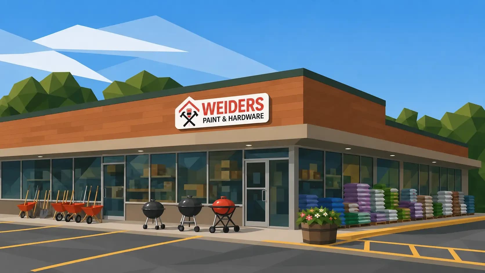 Geometric illustration of WIllustrated storefront artwork of Weiders Hardware's Brighton, NY locationeiders Paint & Hardware in Brighton, showing a modern corner storefront with wheelbarrows, grills, flowers, and stacked landscaping supplies outside.