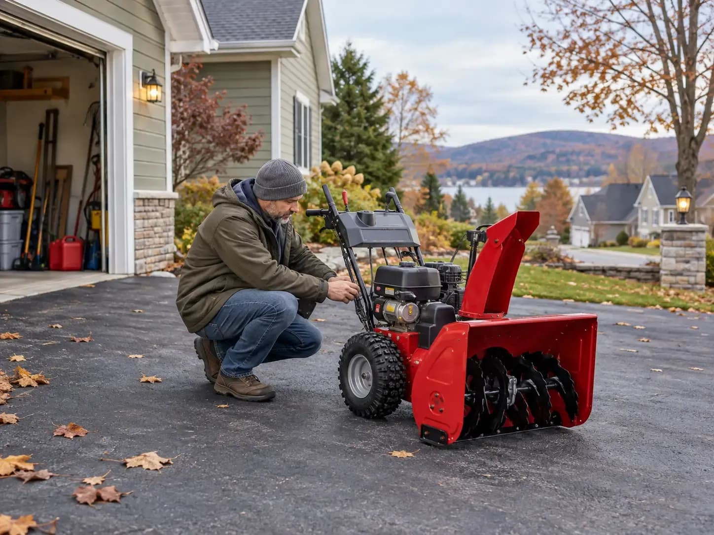 Homeowner inspecting a snow blower before winter in Rochester, NY. Professional snow blower tune-ups, small engine repair, and seasonal maintenance services from Weiders Hardware.
