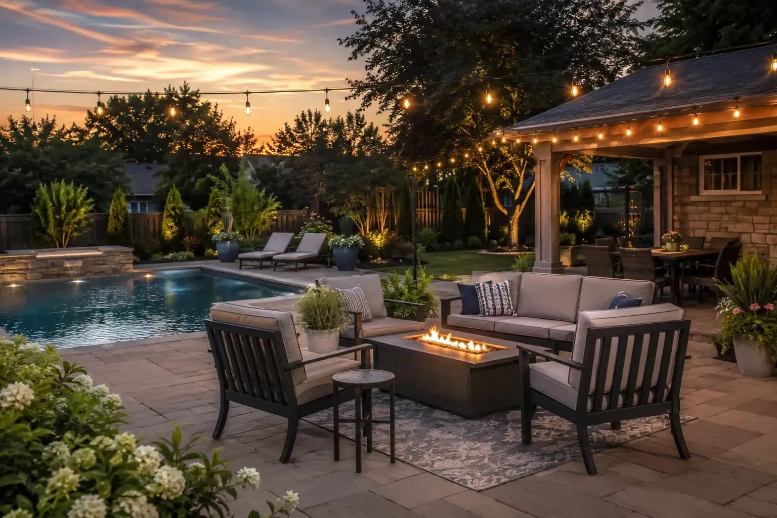 Outdoor living patio with cushioned furniture, a fire table, swimming pool, string lights, and landscaped backyard at sunset.