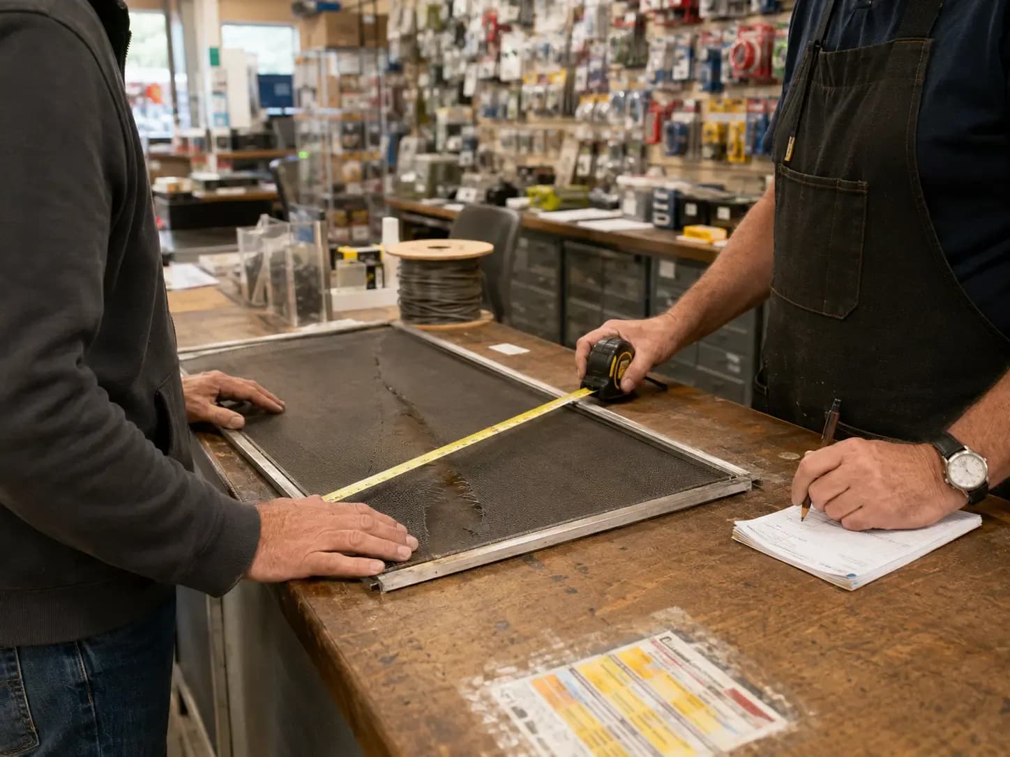 A customers screen being measured for repair.