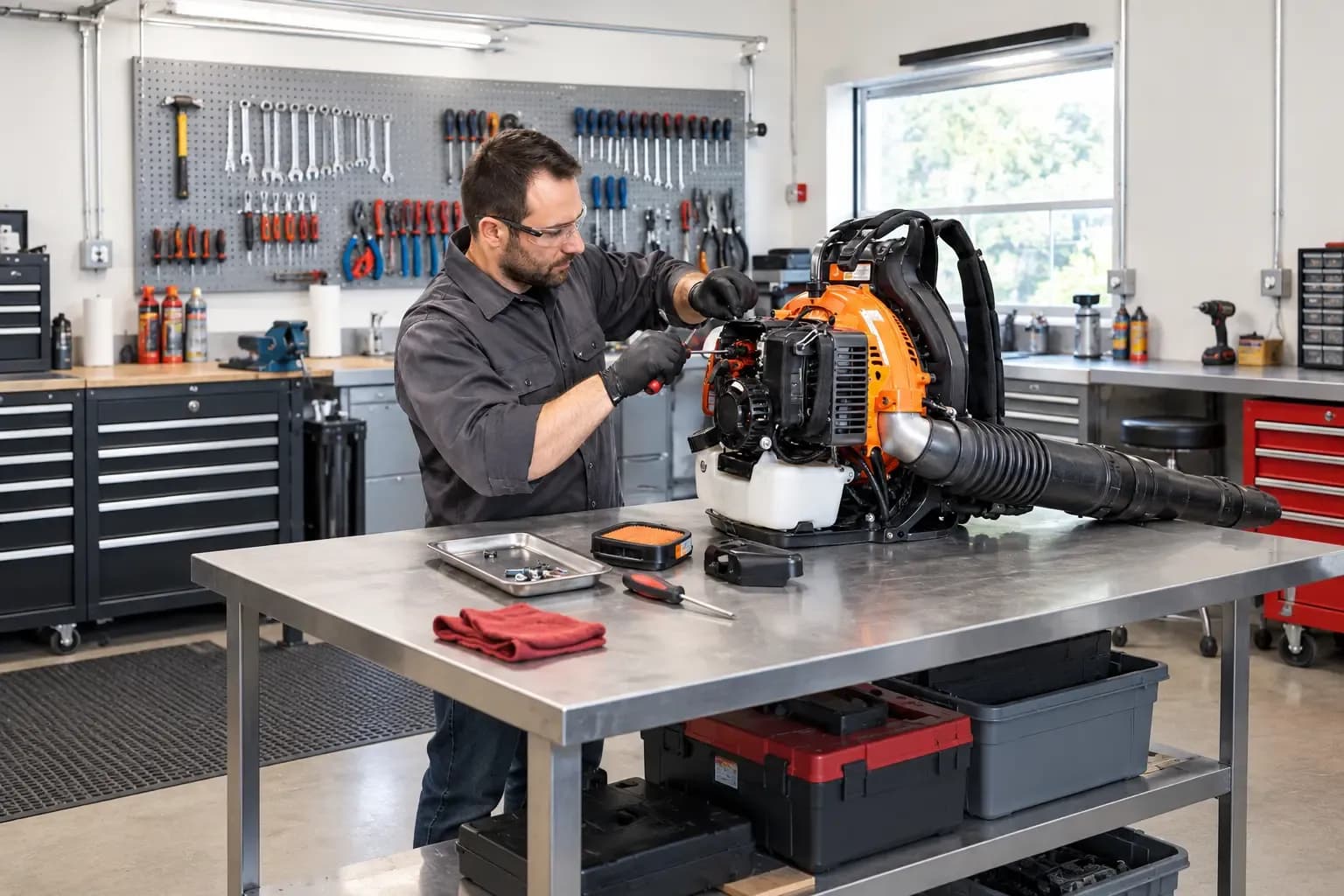 Weider's Hardware technician servicing outdoor power equipment in the repair shop