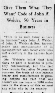 "'give them what they want' Code of John A. Weider, 50 years in business" 1929 article in Democrat & Chronicle