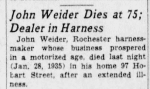 John A. Weider's obituary in the Democrat & Chronicle on 1936