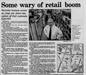 News article from 1990 in the Democrat & Chronicle. Weider's Owner Bob Lull was interviewed for article titled "some wary of retail boom"
