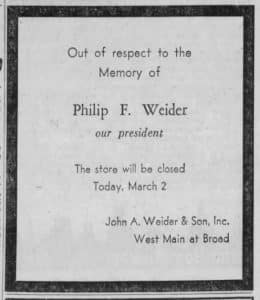 Democrat & Chronicle clipping announcing Phillip A. Weider passes away in 1959