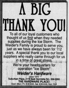 A note in the Democrat & Chronicle from Weider's Hardware in 1991 thanking customers for choosing Weider's to help them during the Ice Storm in 1991.