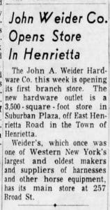 Newspaper article in the Democrat & Chronicle announcing John Weider Co. opened a new location in Henrietta in 1961