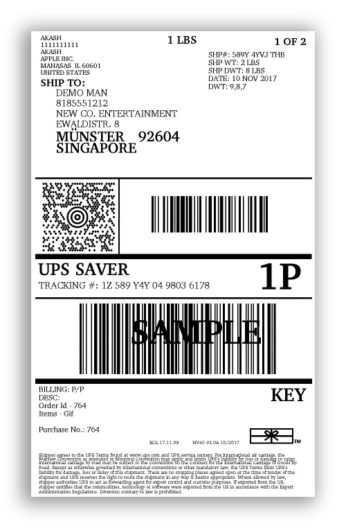 a image of a sample UPS shipping label.