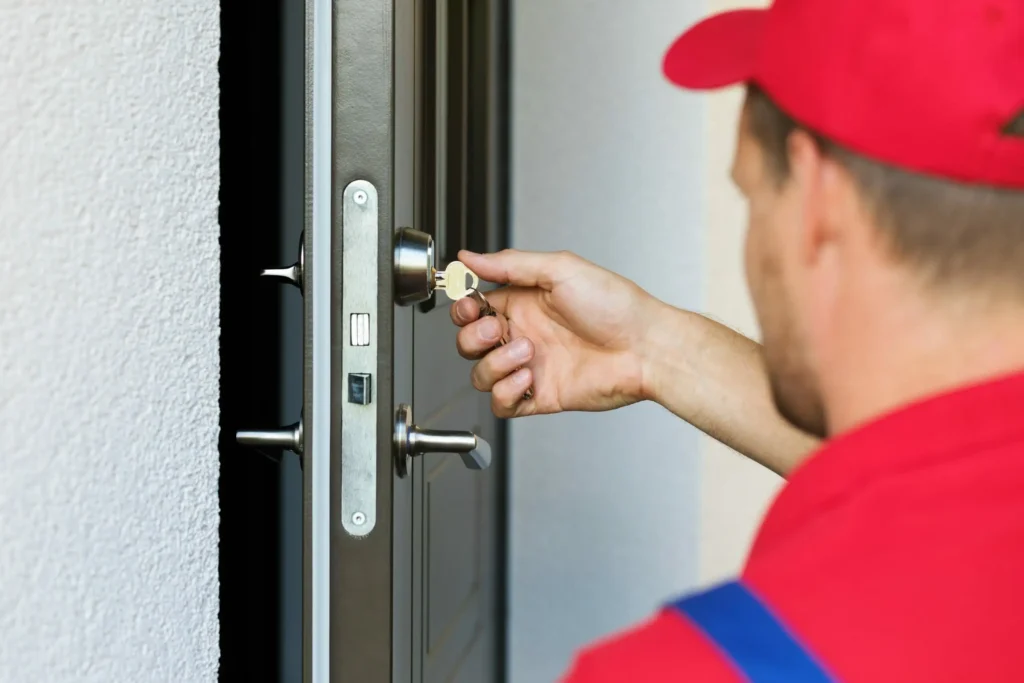 A locksmith working on a door lock